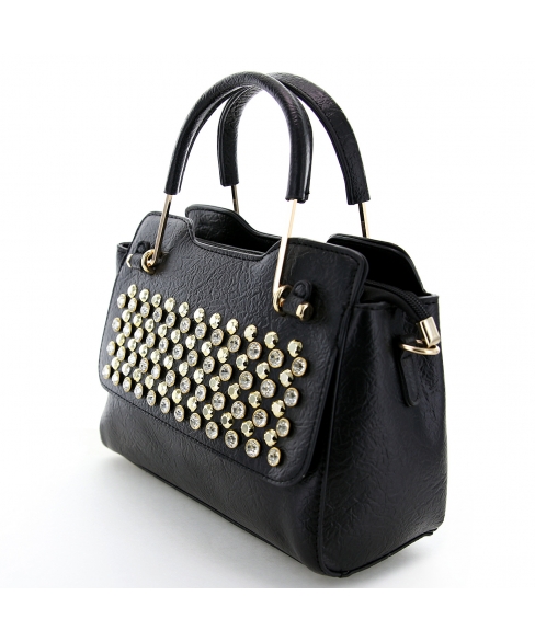 Crystal Studded Top Handle Faux Leather Satchel