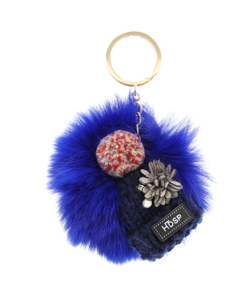 Knit Hat With Genuine Rabbit Fur Pompom Key Chain