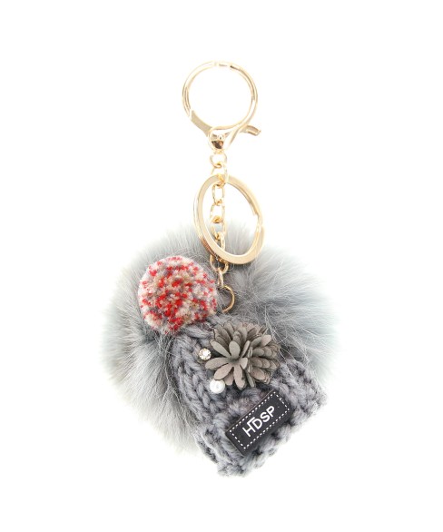 Knit Hat With Genuine Rabbit Fur Pompom Key Chain Knit Hat With Genuine Rabbit Fur Pompom Key Chain