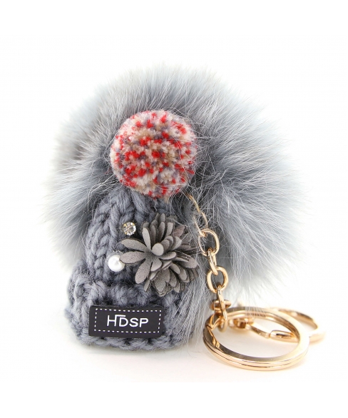 Knit Hat With Genuine Rabbit Fur Pompom Key Chain