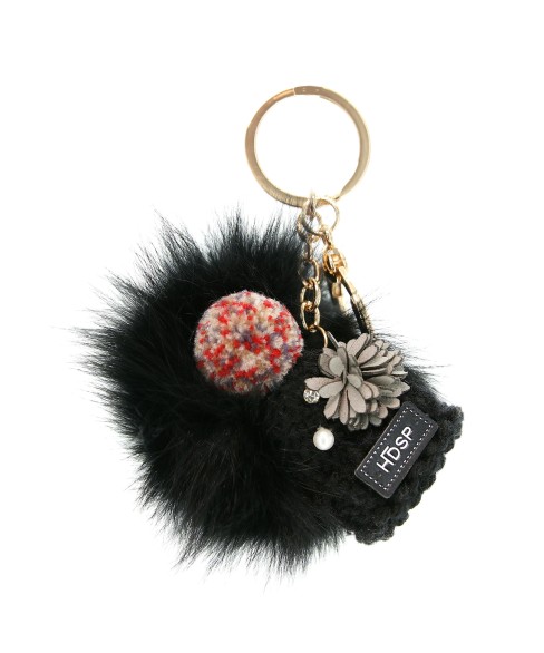 Knit Hat With Genuine Rabbit Fur Pompom Key Chain Knit Hat With Genuine Rabbit Fur Pompom Key Chain