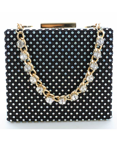 Rhinestone-Embellished Crystal Handle Box Clutch