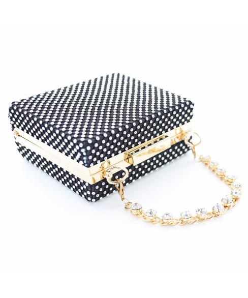 Rhinestone-Embellished Crystal Handle Box Clutch